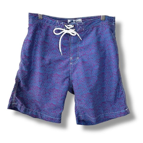 TRUNKS Men's Blue Swim Shorts size medium Velcro fly spiral print - Picture 1 of 8